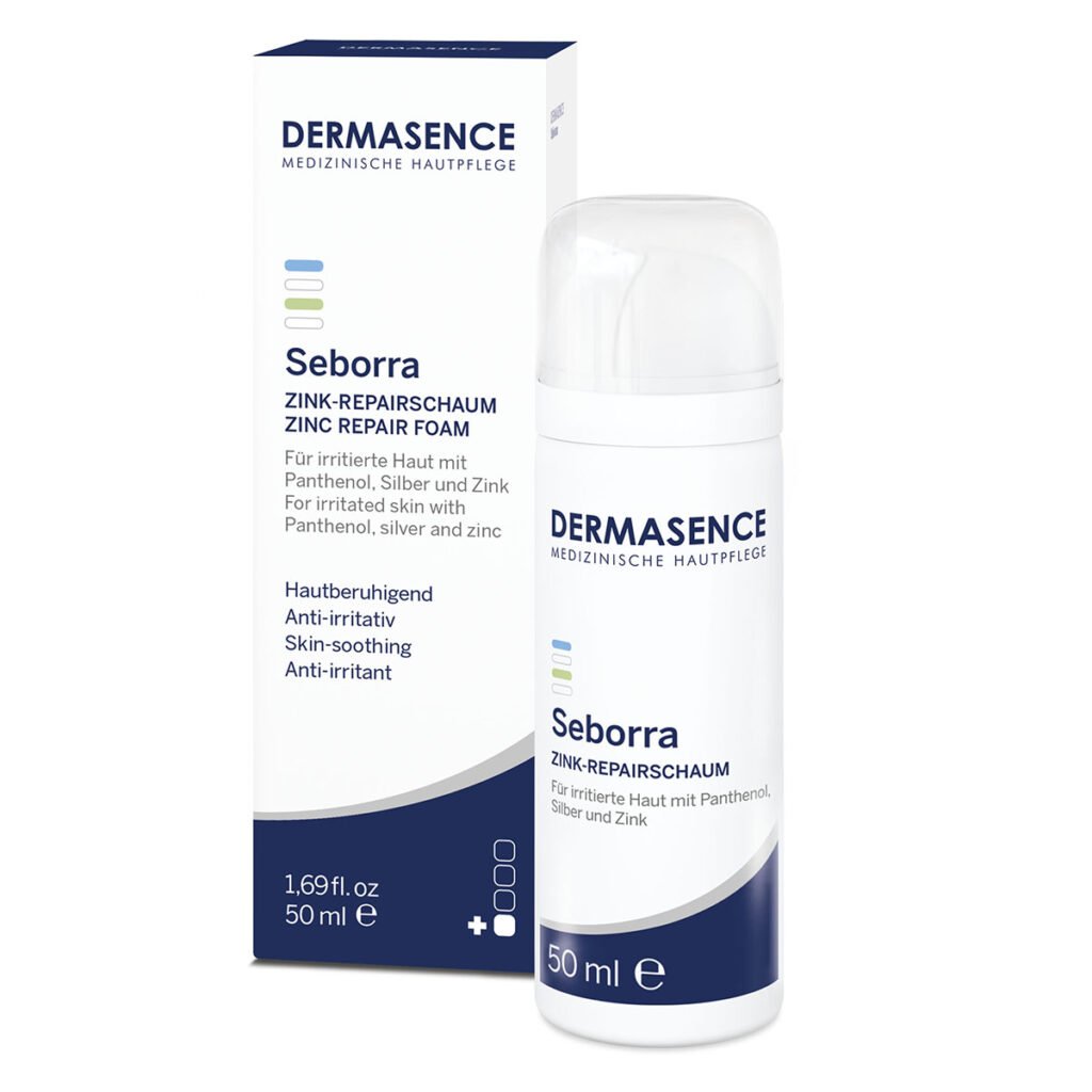 Dermasence Seborra Zinc repair foam, a soothing acute care with zinc and panthenol for impure and irritated skin.