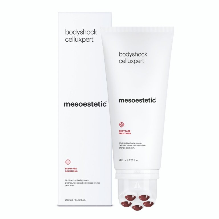Mesoestetic bodyshock Celluxpert 200ml anti-cellulite cream-gel with integrated massage roller.