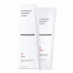 Mesoestetic bodyshock Essential Cream: white tube with black cap. Hydrating and protective body cream for stretch mark prevention.