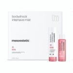 Sleek white Mesoestetic bodyshock Intensive Mist spray bottle for localized fat reduction and body contouring.