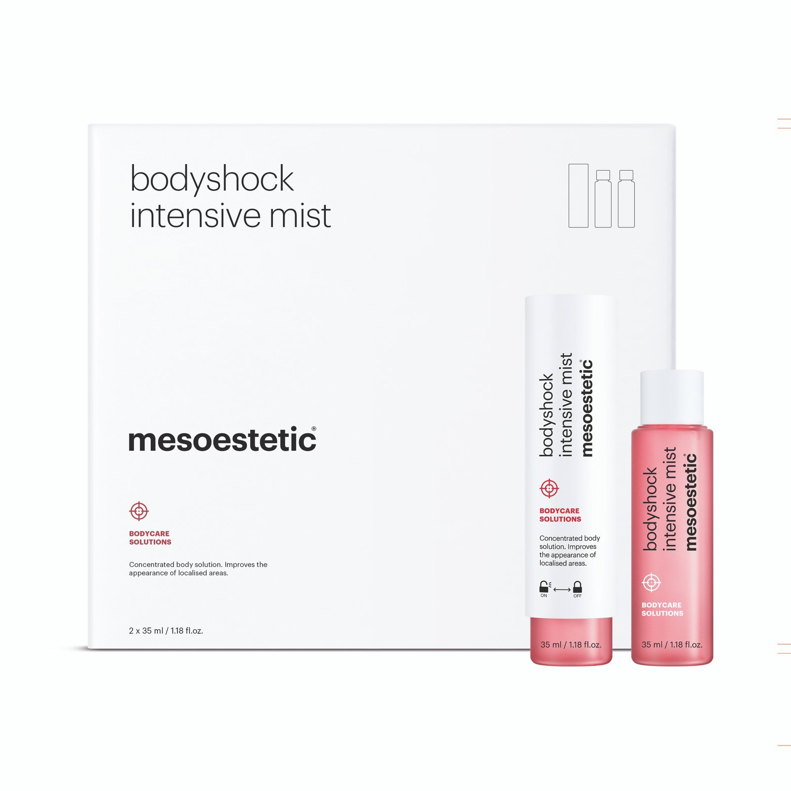 bodyshock_intensive_mist_BP_CMYK_300ppp Sleek white Mesoestetic bodyshock Intensive Mist spray bottle for localized fat reduction and body contouring.