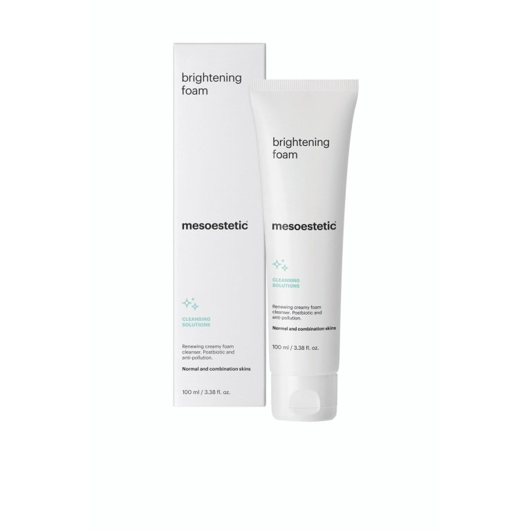 Mesoestetic Brightening Foam 100ml, a creamy AHA cleanser for brighter skin and pigmentation.