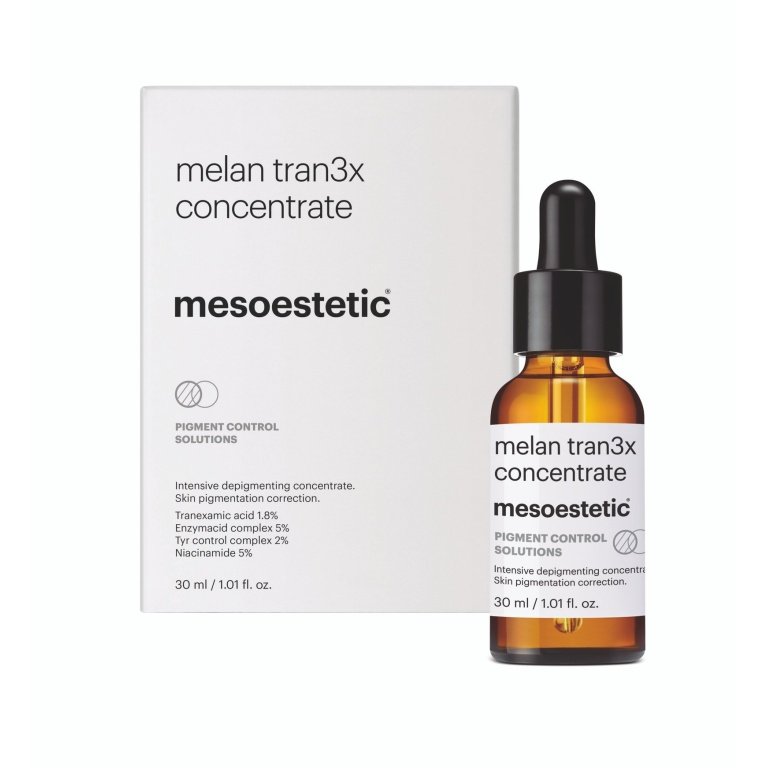 Mesoestetic Melan Tran3x Concentrate 30ml serum bottle for reducing pigment spots and dark spots.