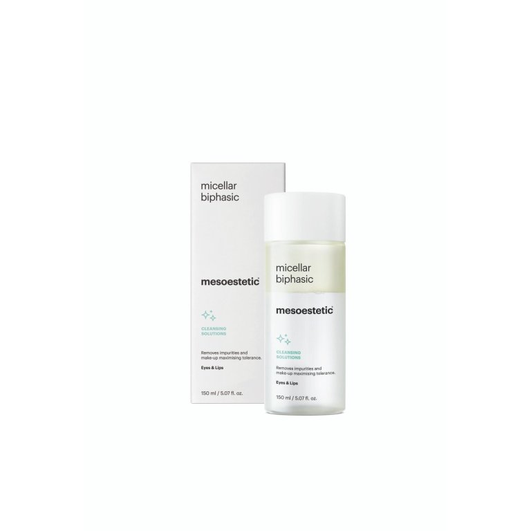 Mesoestetic Micellar Biphasic 150ml make-up remover in a clear bottle, showing distinct top and bottom liquid layers.