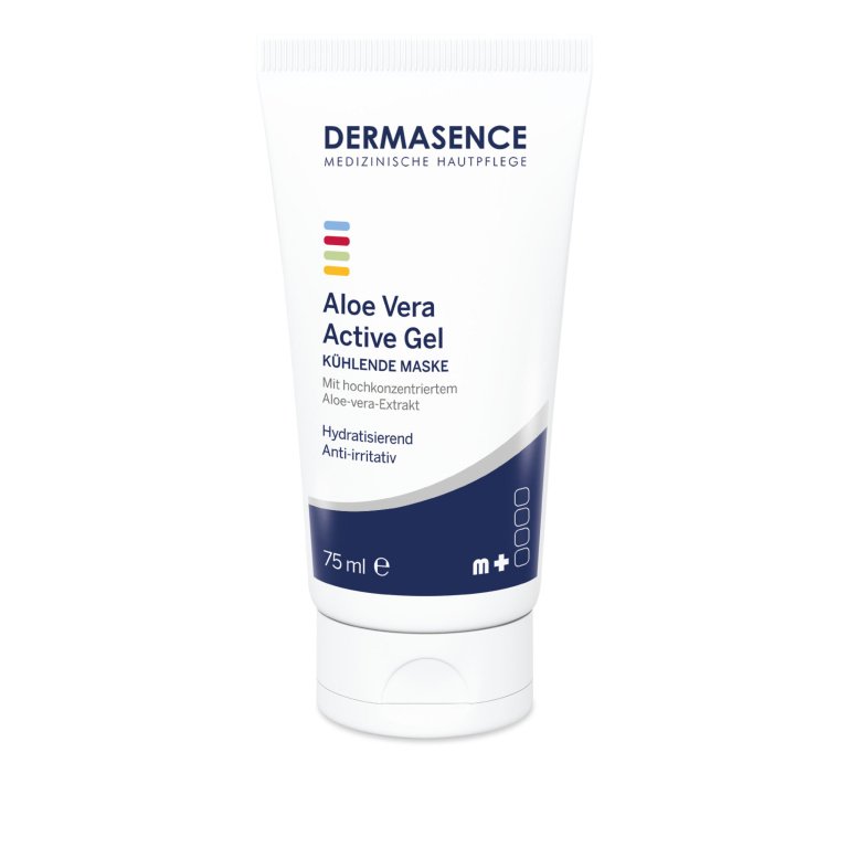 Dermasence Aloe Vera Active Gel 75ml tube, a hydrating and cooling gel mask for sensitive, irritated skin.