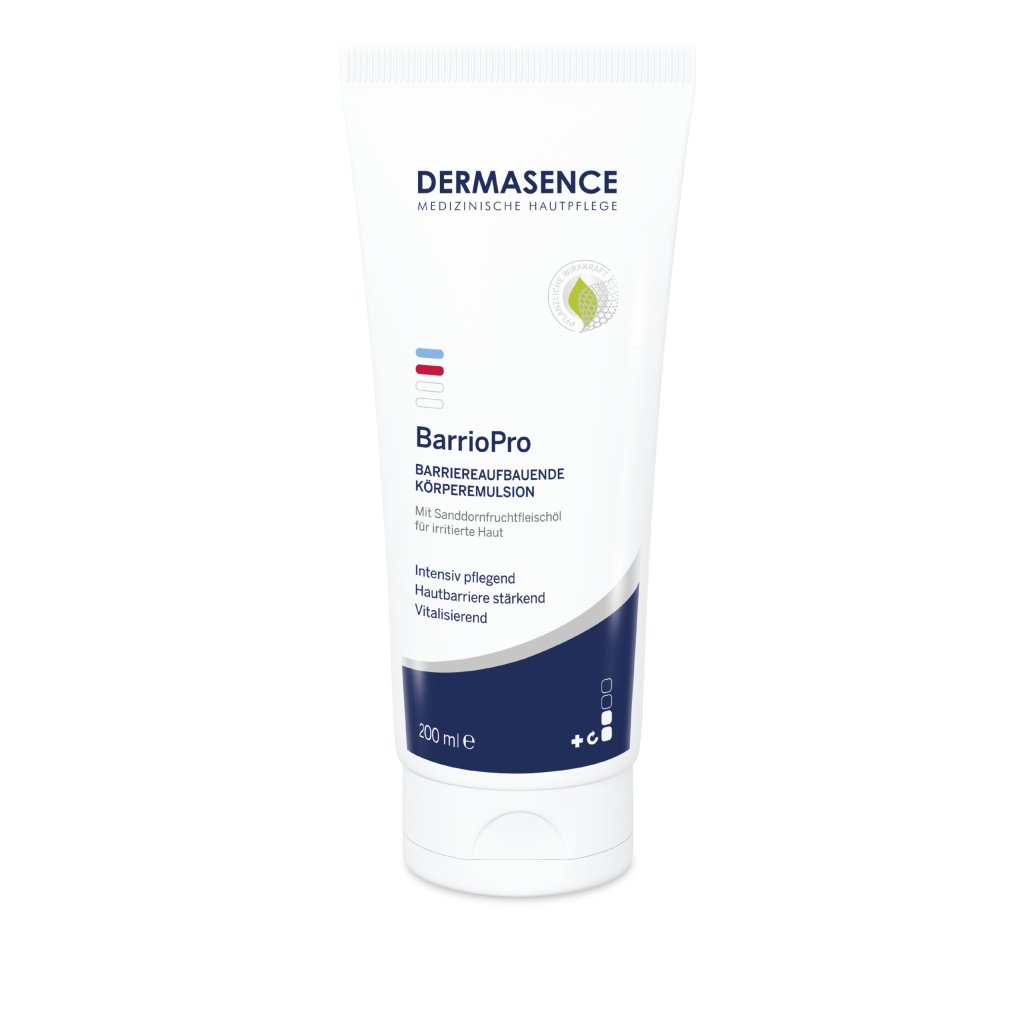 Dermasence BarrioPro Barrier-building body emulsion in a white 200ml pump bottle, for reducing redness and soothing irritated skin.