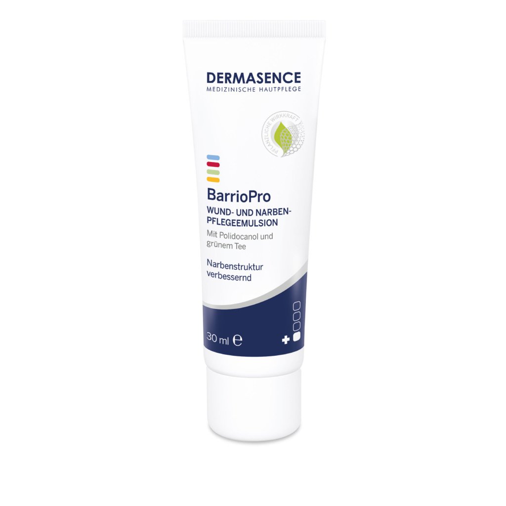 Dermasence BarrioPro Wound and Scar Care Emulsion, 30ml tube, for intensive post-injury skin care, regulating wound healing, and reducing scar formation.