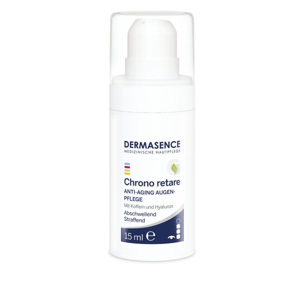 White and silver tube of Dermasence Chrono Retare Anti-Aging Eye Care, 15ml, for reducing dark circles, puffiness, and wrinkles.