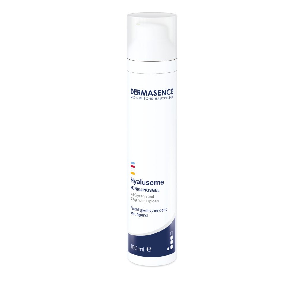 Witte Dermasence Hyalusome Reinigingsgel 100ml tube, een vochtinbrengende gezichtsreiniger die make-up verwijdert en de droge huid kalmeert.