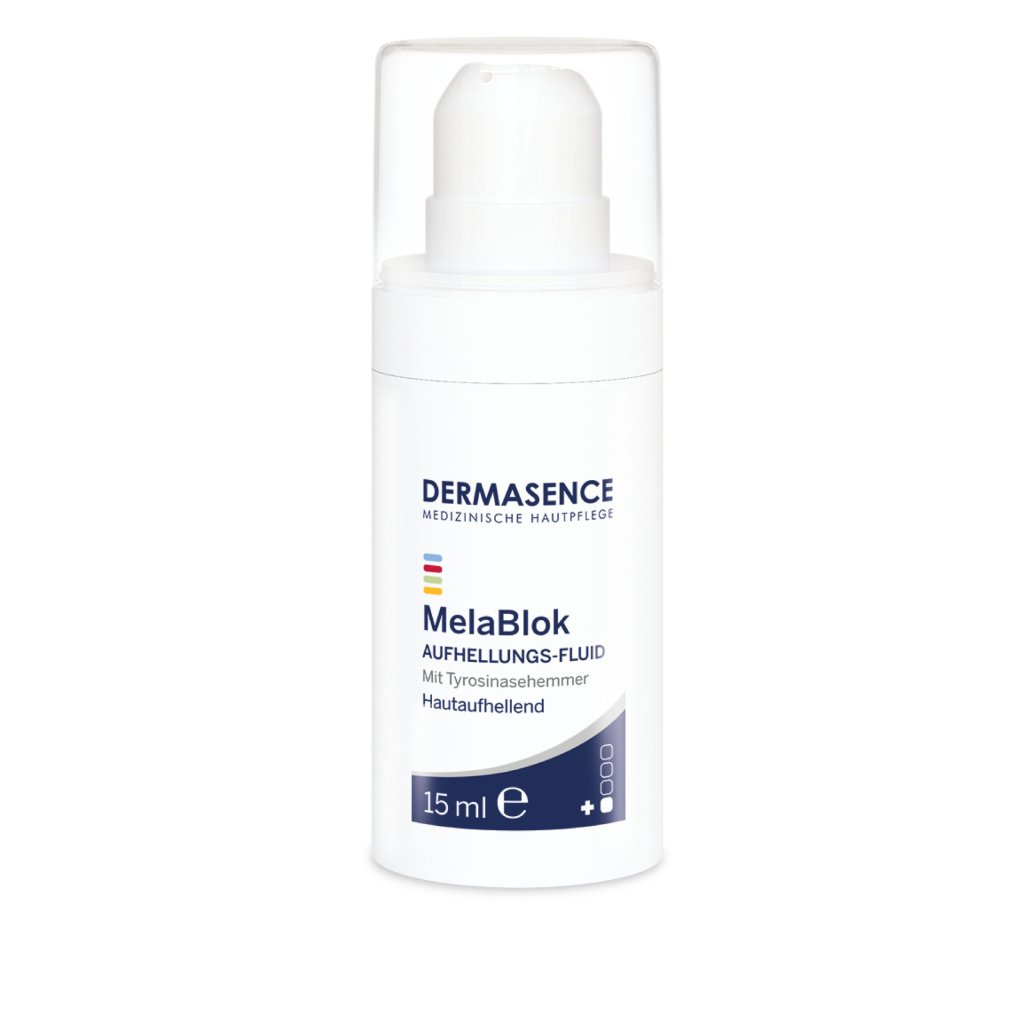Dermasence MelaBlok Brightening Fluid, 15ml bottle, for lightening pigment spots and evening skin tone.