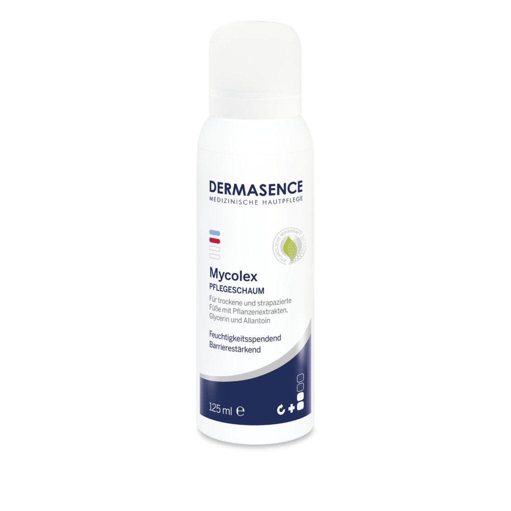Dermasence Mycolex Care Foam, a white 125ml pump bottle with a green cap, for intensely hydrating, strengthening, and calming dry, sensitive skin on feet and hands.