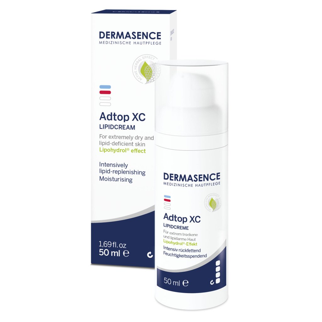 Dermasence Adtop XC Lipidcream 50ml tube for extremely dry, lipid-deficient, and eczema-prone skin, providing intensive lipid-replenishing care.