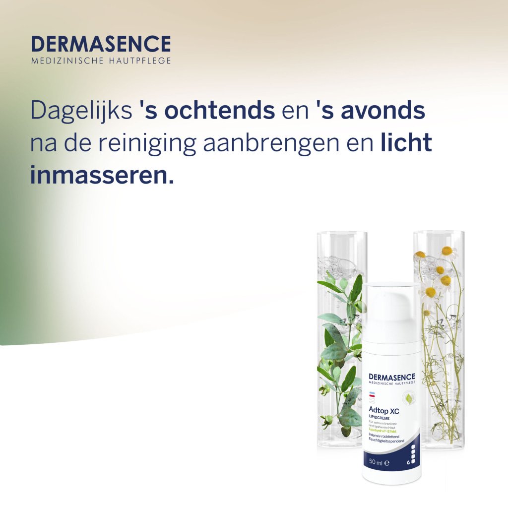 Witte 50ml tube Dermasence Adtop XC Lipidcreme voor extreem droge en eczeemgevoelige huid.