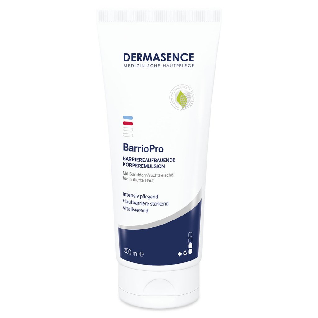 Dermasence BarrioPro Barrier-building body emulsion in a white 200ml bottle, designed to soothe irritated, red skin and strengthen the skin barrier.