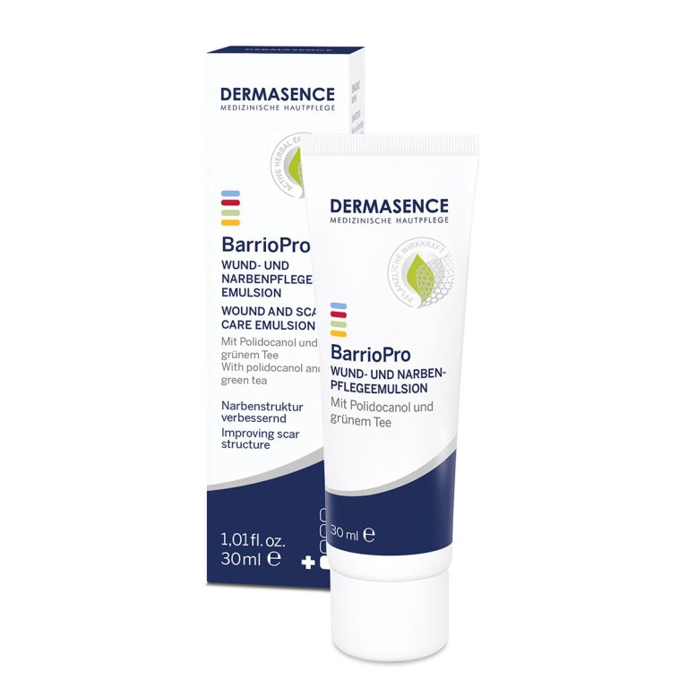 Dermasence BarrioPro Wound and Scar Care Emulsion, 30ml tube, for intensive skin repair and scar reduction.