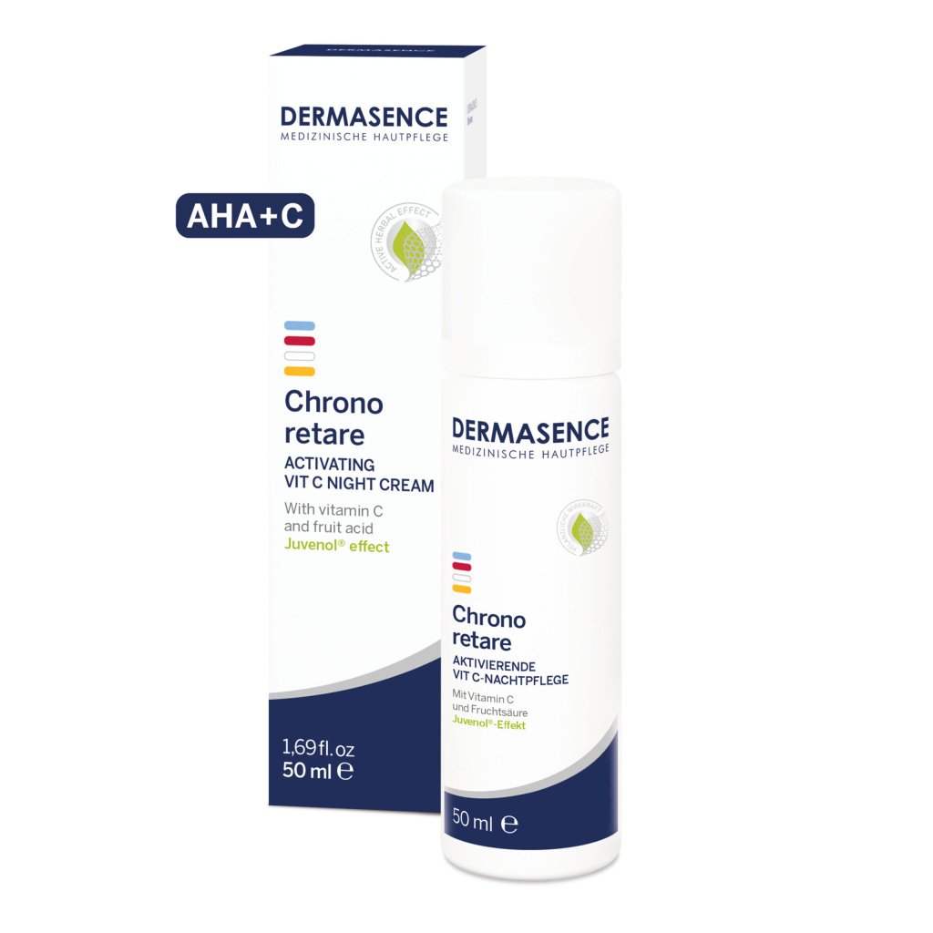 Dermasence Activating VIT C Night Cream in a white pump dispenser, promoting anti-aging, regeneration, and hydration with fruit acid and vitamin C for smooth, even skin.