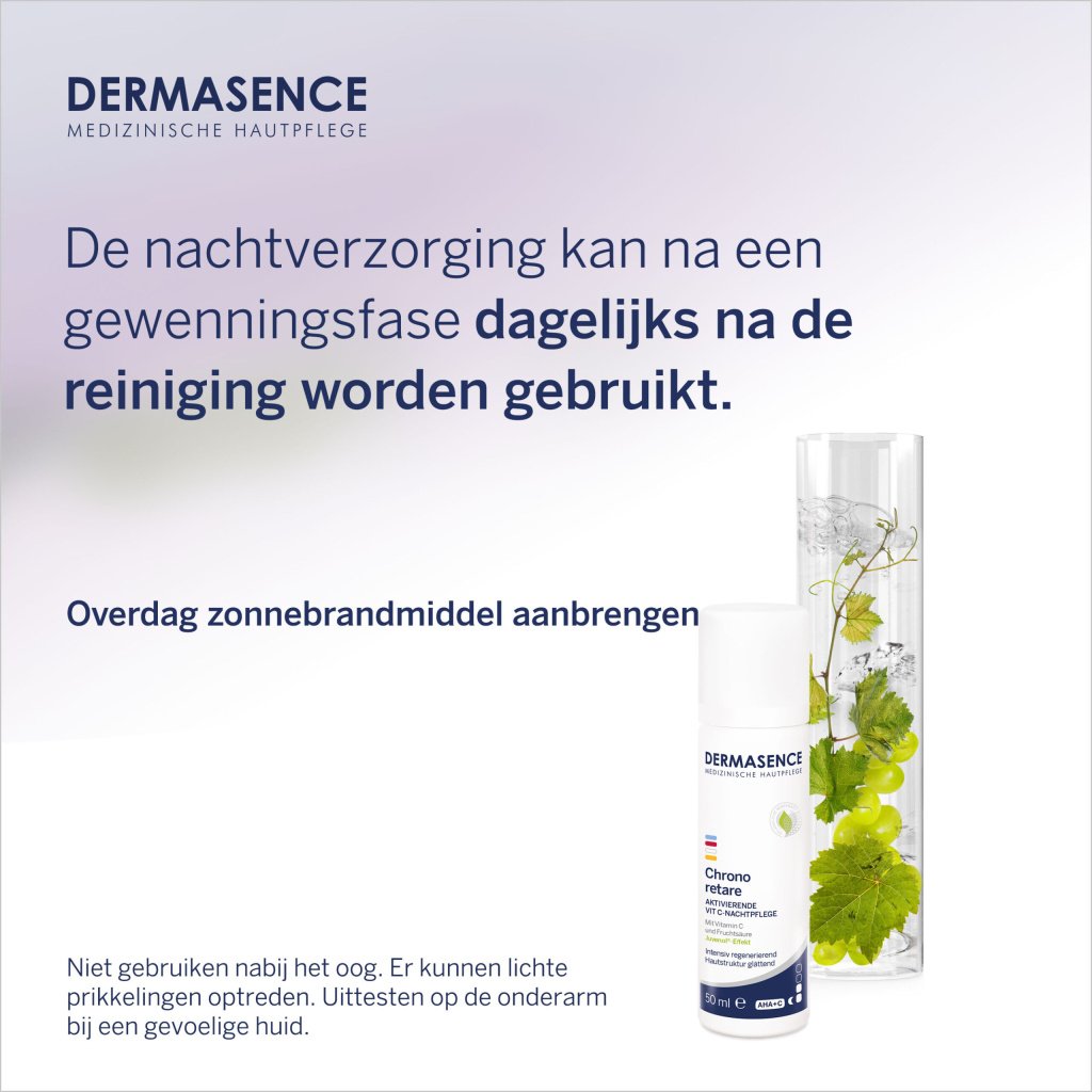 Dermasence Chrono retare Activating VIT C Night Cream, 50ml. Intensive anti-aging night cream with fruit acid and Vitamin C to regenerate skin, reduce signs of aging, and promote an even, hydrated complexion.
