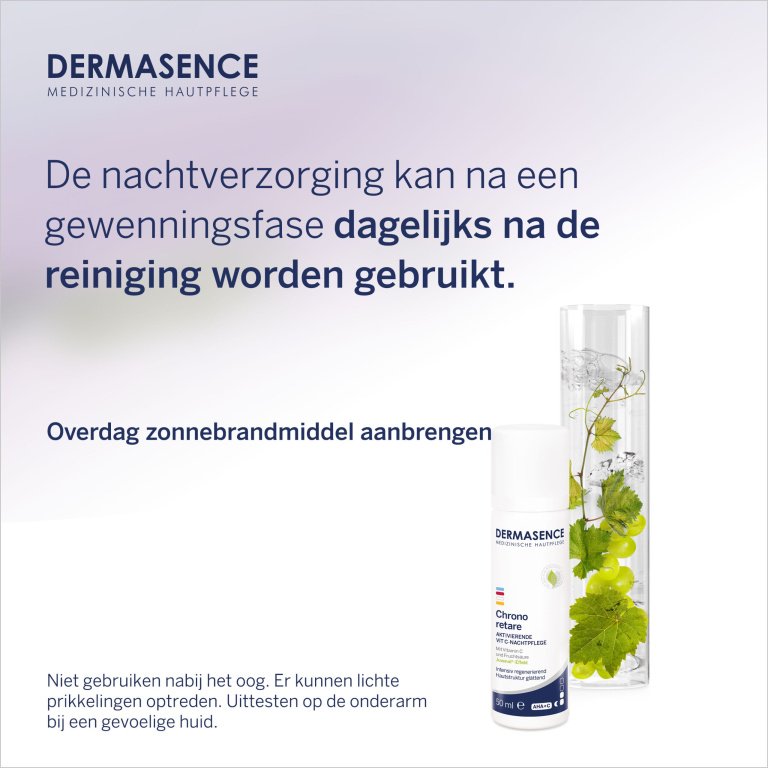 Dermasence Chrono retare Activating VIT C Night Cream, 50ml. Intensive anti-aging night cream with fruit acid and Vitamin C to regenerate skin, reduce signs of aging, and promote an even, hydrated complexion.
