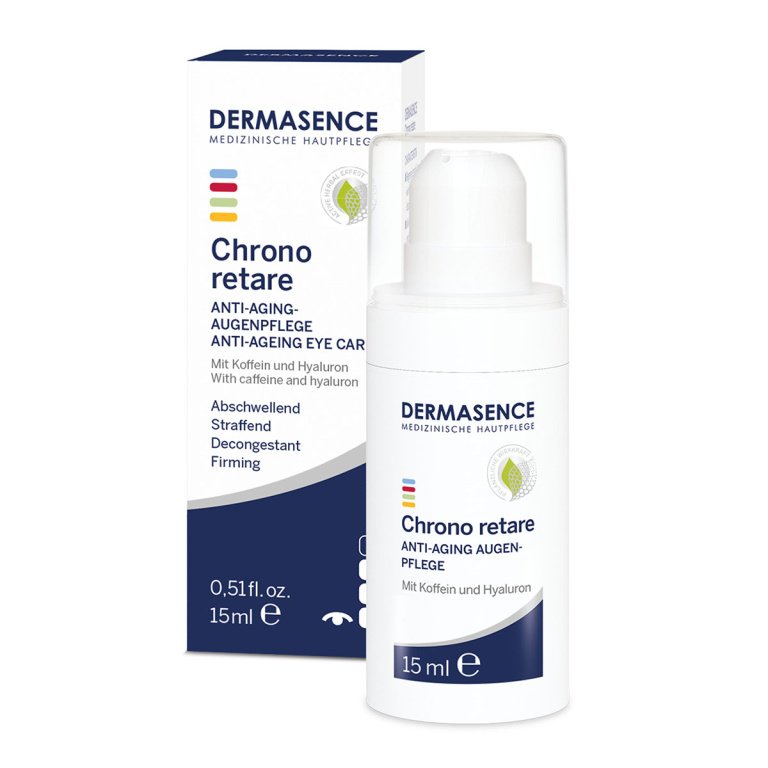 Dermasence Chrono Retare Anti-Aging Eye Care, a 15ml white tube with a silver cap, for mature skin 45+ to reduce dark circles, puffiness, and wrinkles.
