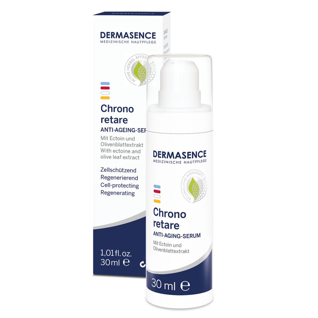Dermasence Chrono Retare Anti-Aging Serum in a 30ml white bottle with pump, targeting mature skin 45+ for hydration and wrinkle reduction.
