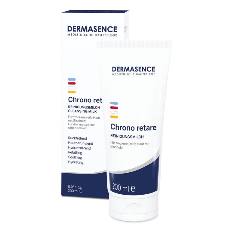 Witte 200ml fles Dermasence Reinigingsmelk voor zachte reiniging en make-up verwijdering van de gevoelige en droge huid.