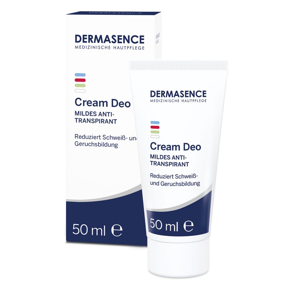 Dermasence Cream Deo 50ml mild antiperspirant tube for sensitive skin, reducing sweat and odor, perfume-free.