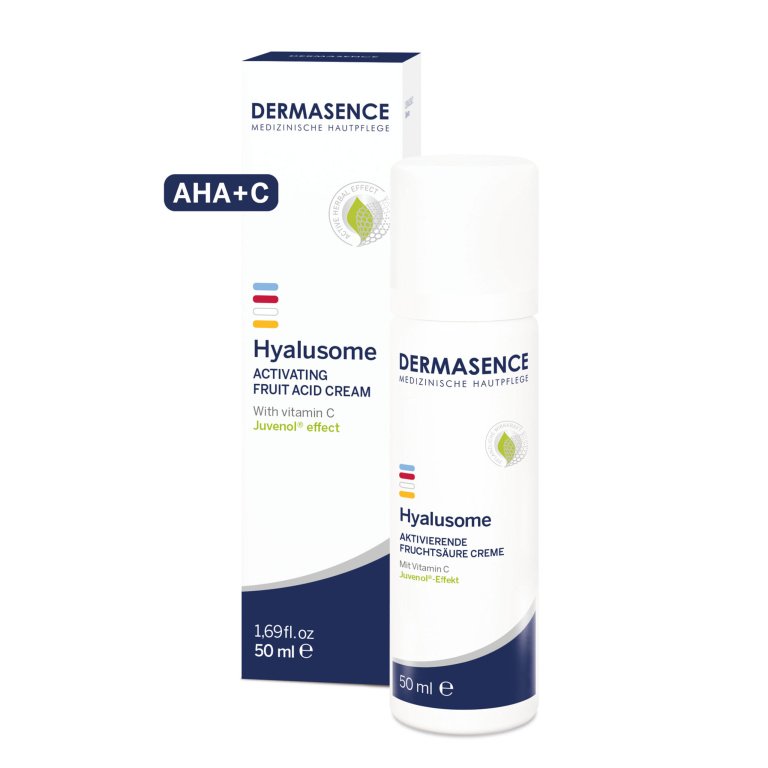 Dermasence Hyalusome Activating fruit acid cream, 50ml white airless pump bottle, with 8% glycolic acid and Vitamin C for anti-aging and skin renewal.