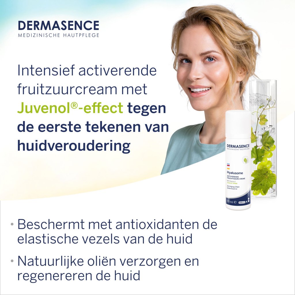 Dermasence Hyalusome Activating Fruit Acid Cream, 50ml pump dispenser. An anti-aging night cream with 8% glycolic acid and vitamin C for skin renewal and smoothing.