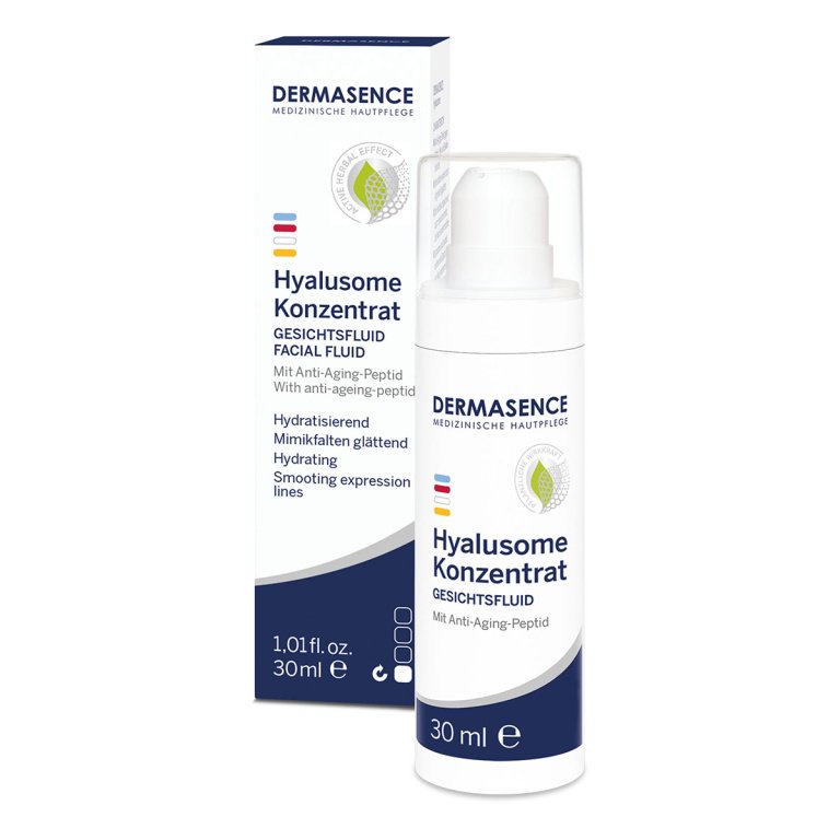 Dermasence Hyalusome Konzentrat 30ml anti-aging facial fluid with anti-age peptide for reducing wrinkles and hydrating skin.