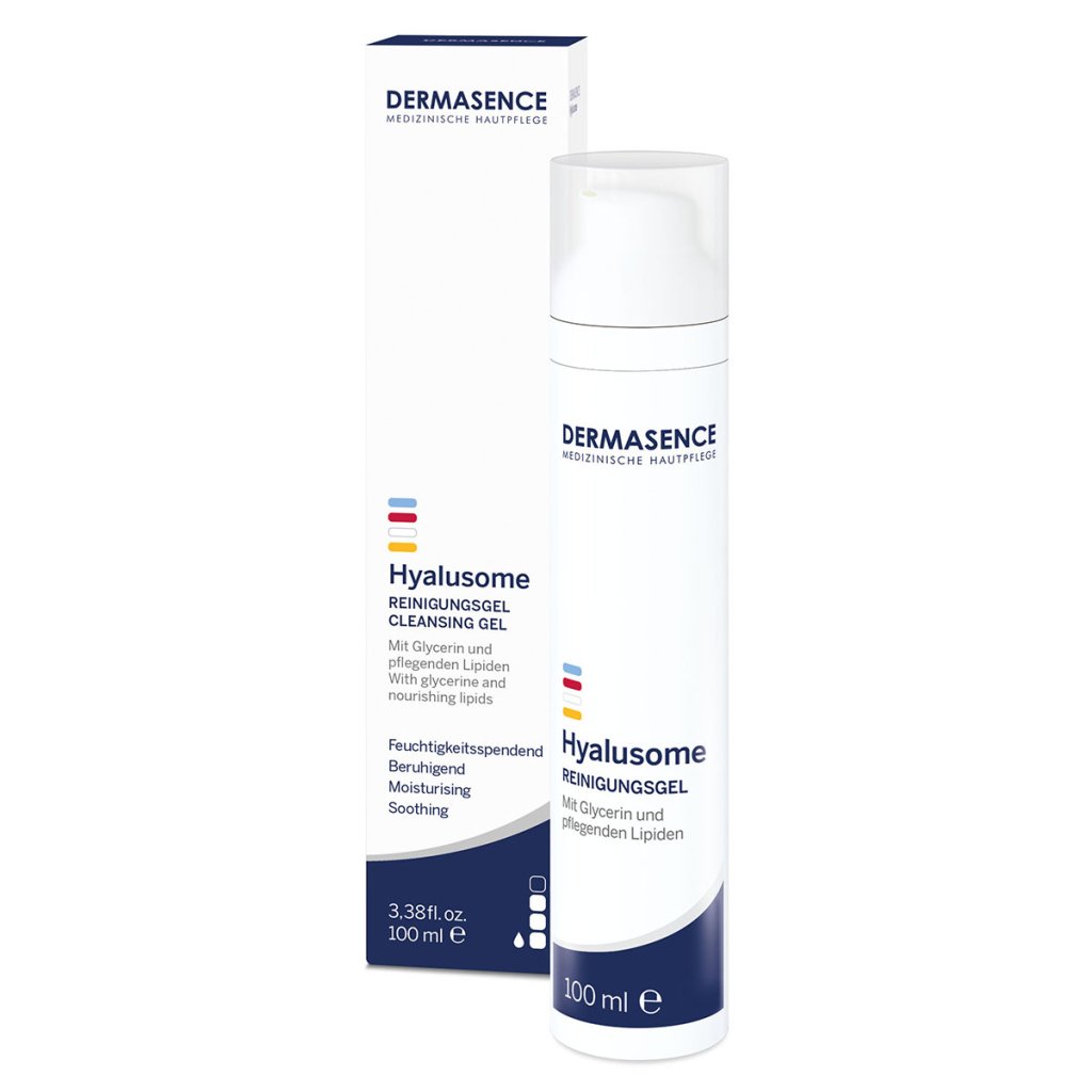 Dermasence Hyalusome Cleansing Gel 100ml, a white and silver tube of moisturizing facial cleanser.