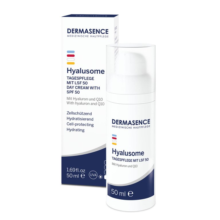 Witte tube Dermasence Hyalusome Dagcrème SPF 50, anti-aging en UV-bescherming met hyaluronzuur.