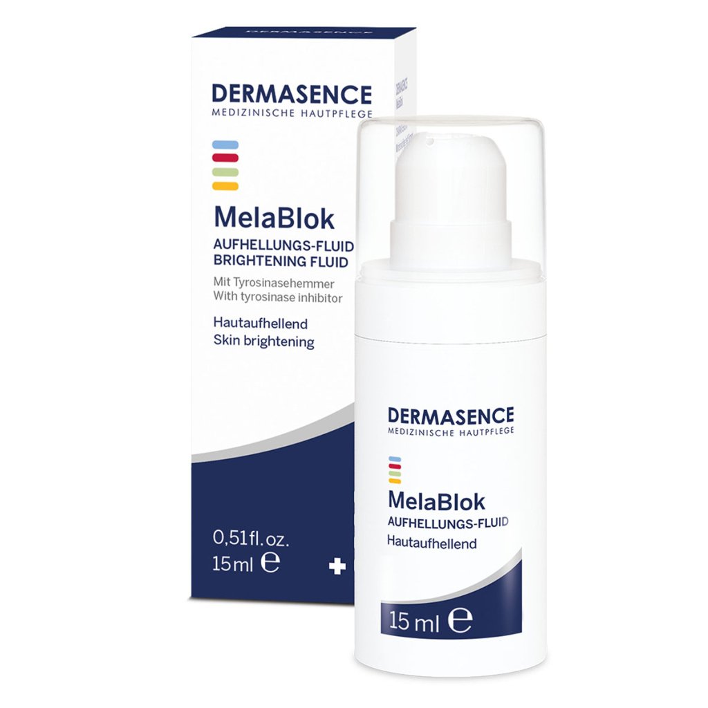 Dermasence MelaBlok Brightening fluid, 15ml bottle, for reducing pigment spots and achieving an even skin tone.