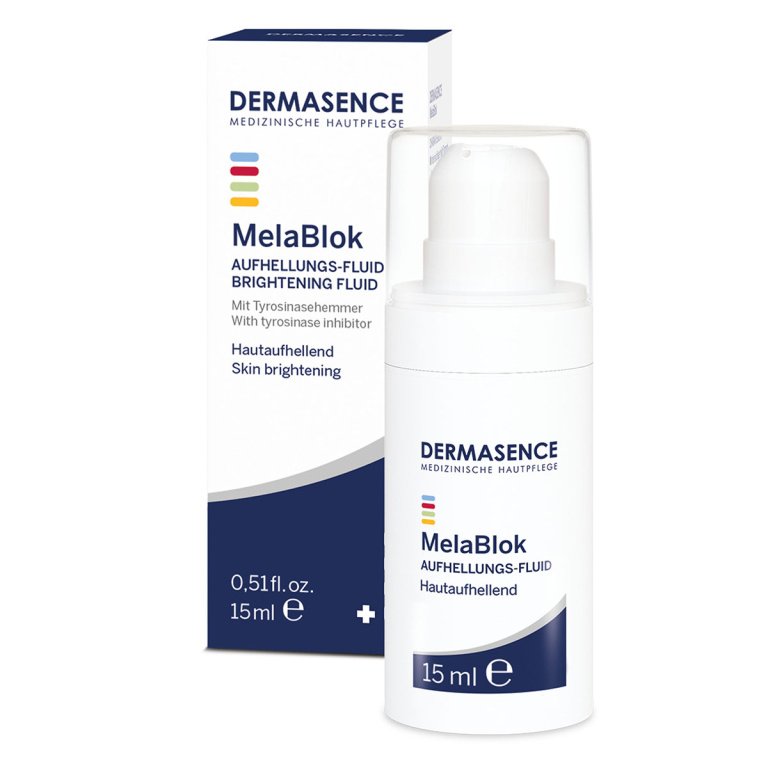 Dermasence MelaBlok Brightening fluid, 15ml bottle, for reducing pigment spots and achieving an even skin tone.