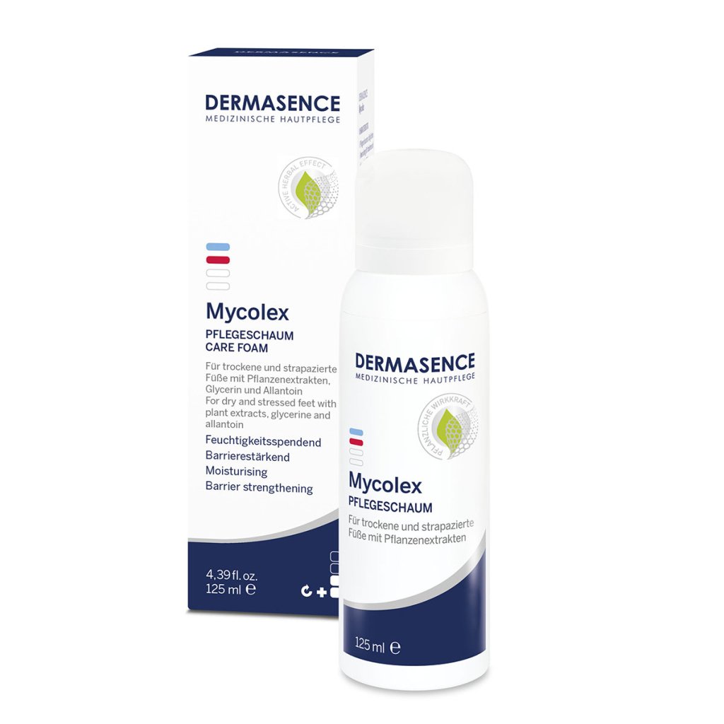 White and blue 125ml Dermasence Mycolex Care Foam spray can, for hydrating and protecting dry, sensitive, fungus-prone skin on feet and hands.