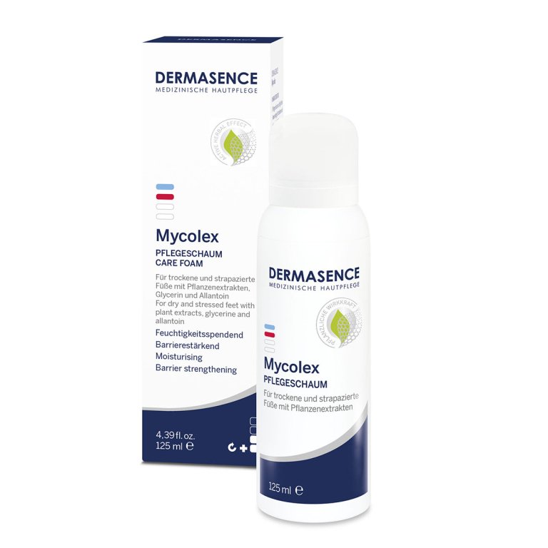 White and blue 125ml Dermasence Mycolex Care Foam spray can, for hydrating and protecting dry, sensitive, fungus-prone skin on feet and hands.