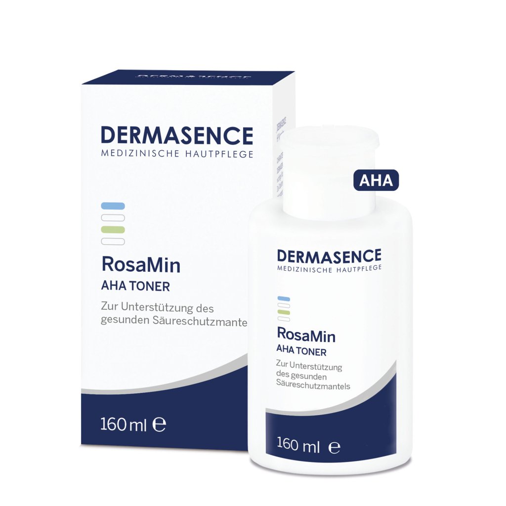 Dermasence RosaMin AHA Toner in a clear bottle, formulated for sensitive skin to strengthen the skin barrier, refine pores, and support a healthy acid mantle.