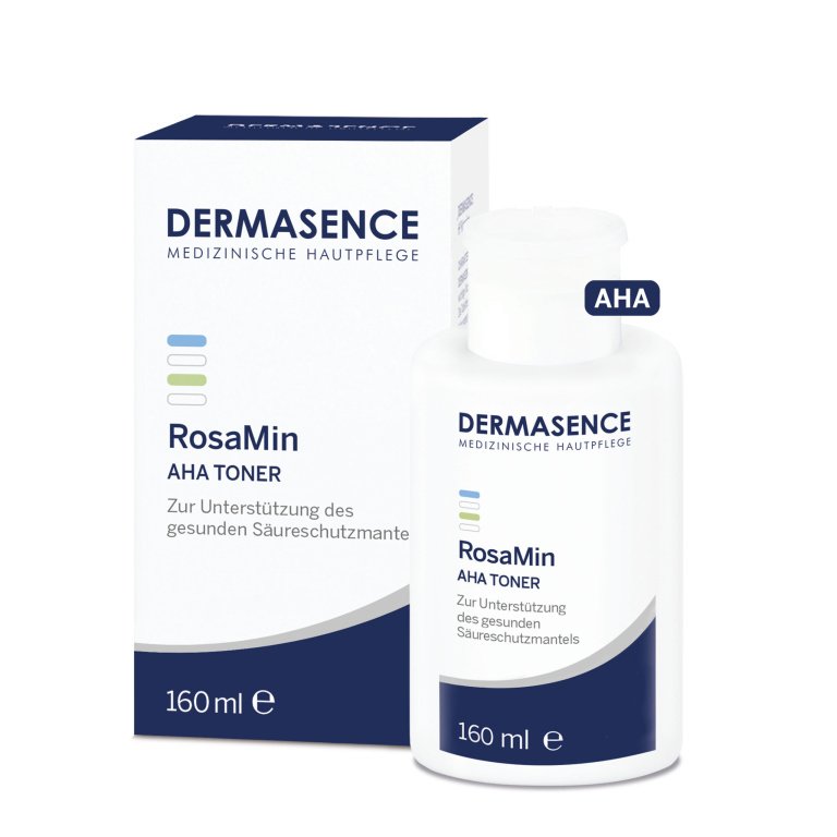 Dermasence RosaMin AHA Toner in a clear bottle, formulated for sensitive skin to strengthen the skin barrier, refine pores, and support a healthy acid mantle.