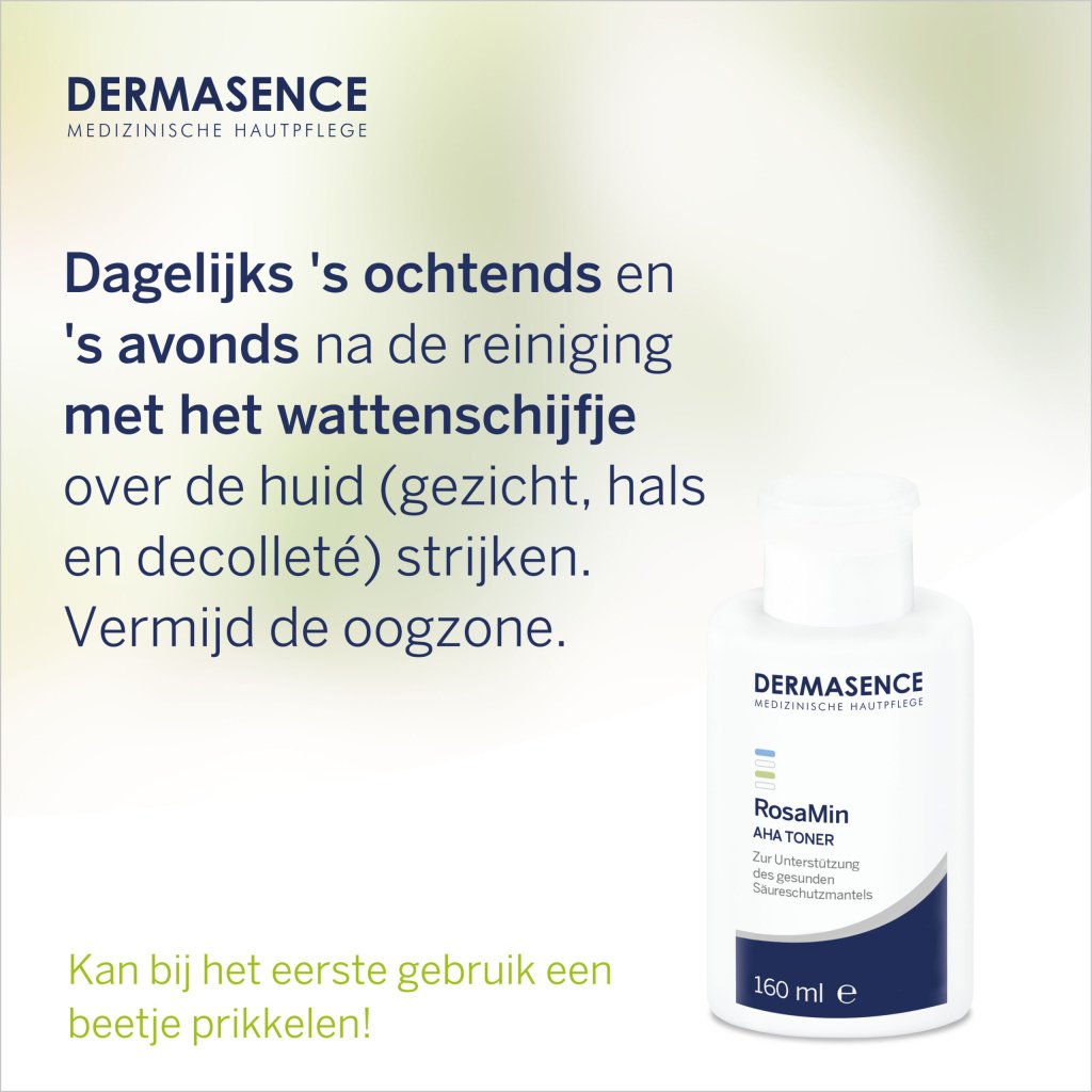 Dermasence RosaMin AHA Toner in a white bottle with a pink label, for sensitive skin to strengthen the skin barrier and refine pores.