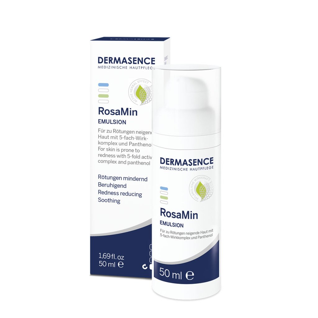 White bottle of Dermasence RosaMin Emulsion 50ml, a light, redness-reducing moisturizer for sensitive skin and rosacea.