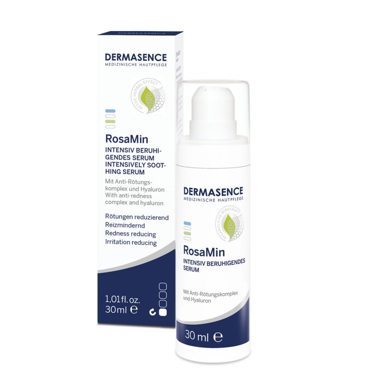 White pump bottle of Dermasence RosaMin Intensively soothing serum for sensitive, rosacea and redness-prone skin.