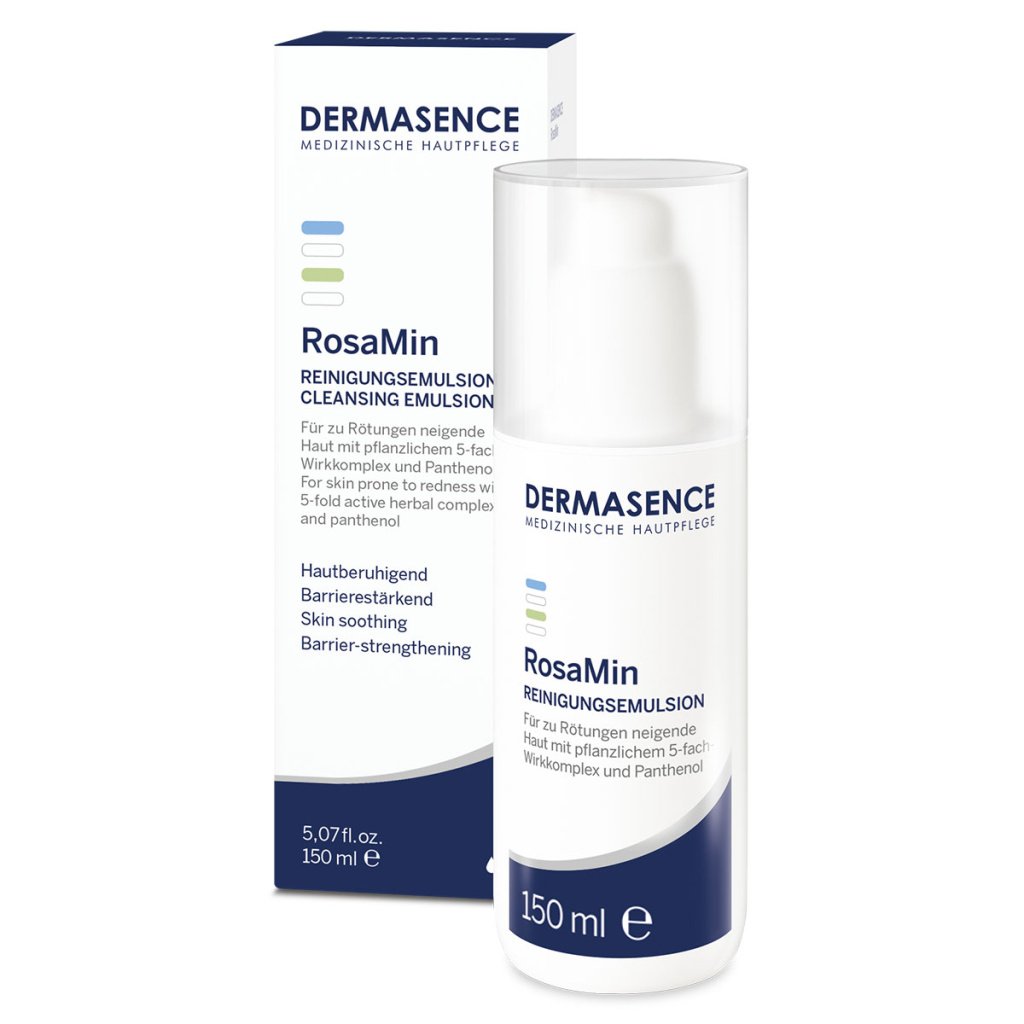 Dermasence RosaMin Cleansing Emulsion, 150ml bottle, a mild, soap-free cleanser for sensitive and rosacea-prone skin.