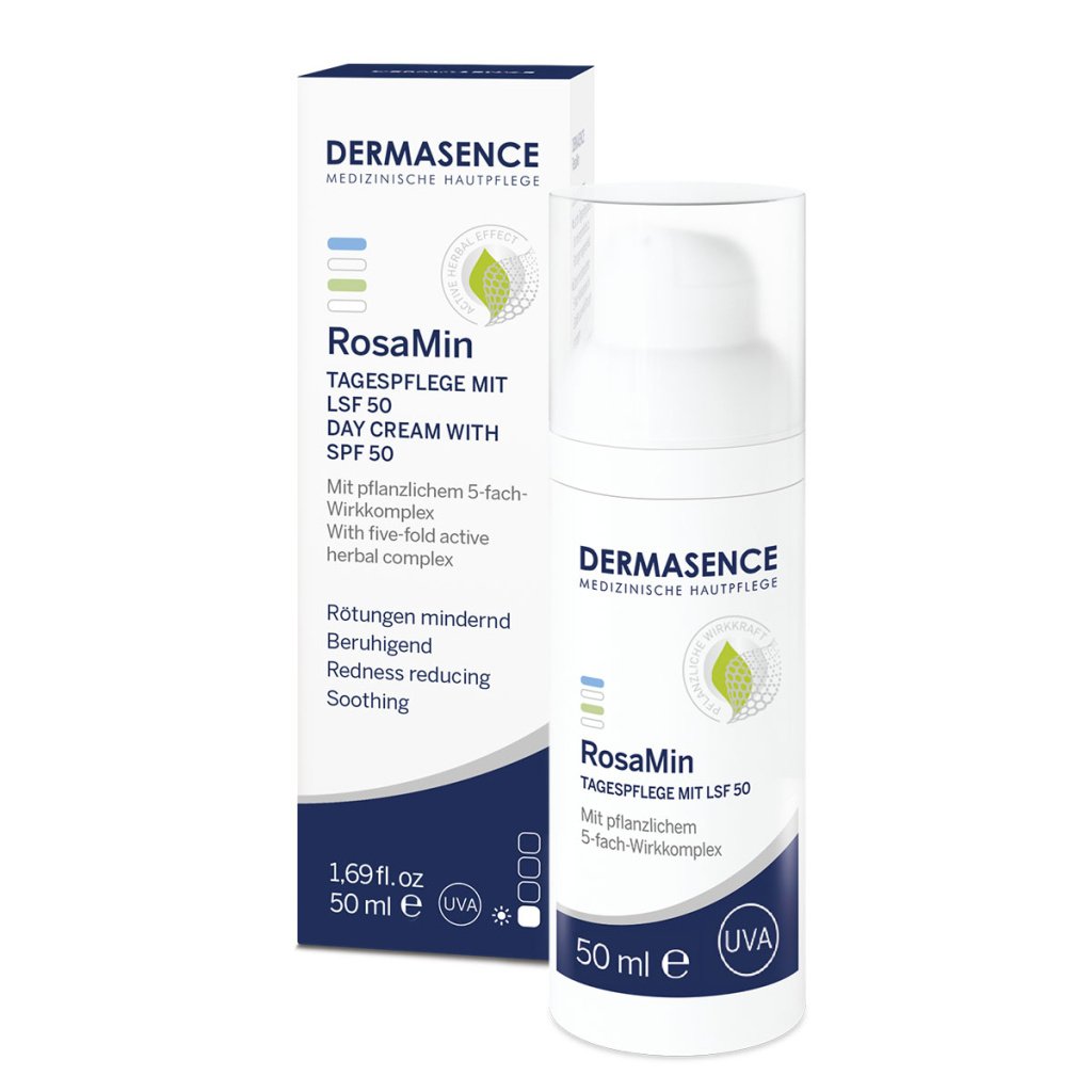 Dermasence RosaMin Tinted Day Cream SPF 50 tube, for redness correction and high UV protection on sensitive skin.