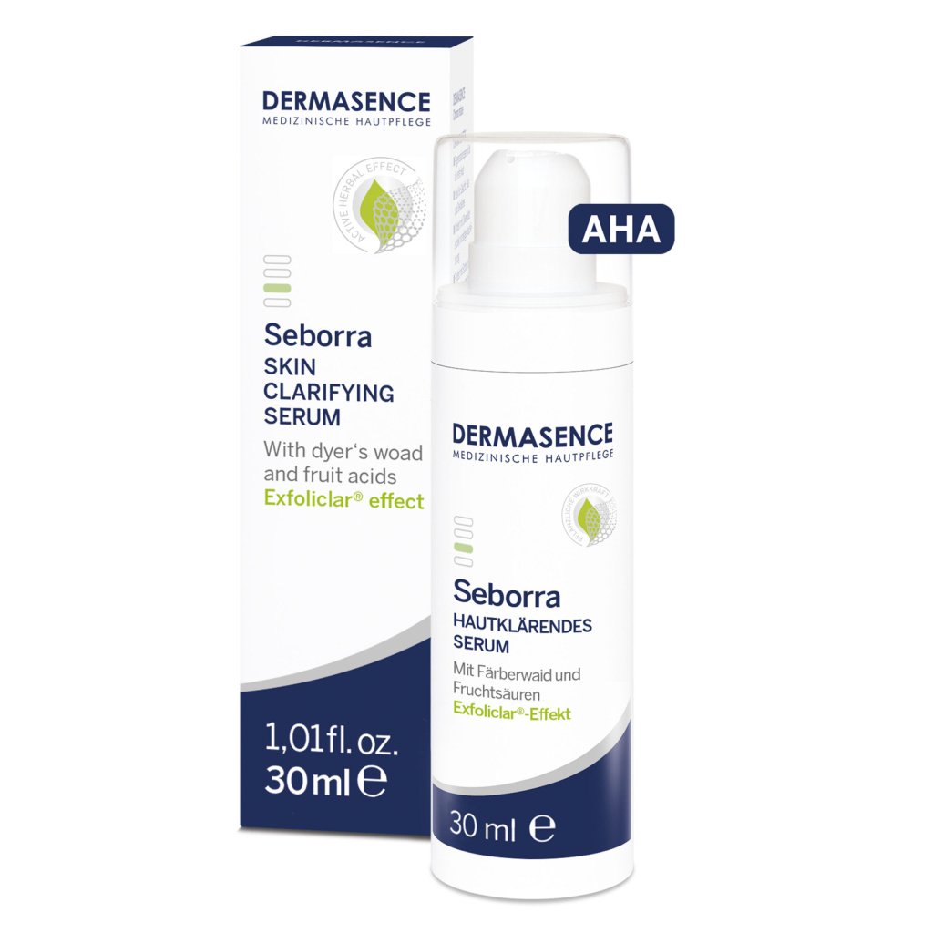 Dermasence Seborra Skin Clarifying Serum (Huidzuiverend serum) in een witte fles met groene label, voor vette, onzuivere en acne-gevoelige huid.