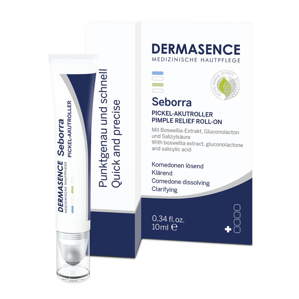 Dermasence Seborra Pimple relief roll-on, 10ml bottle with a stainless steel roll-on applicator for precise acne and blemish treatment.