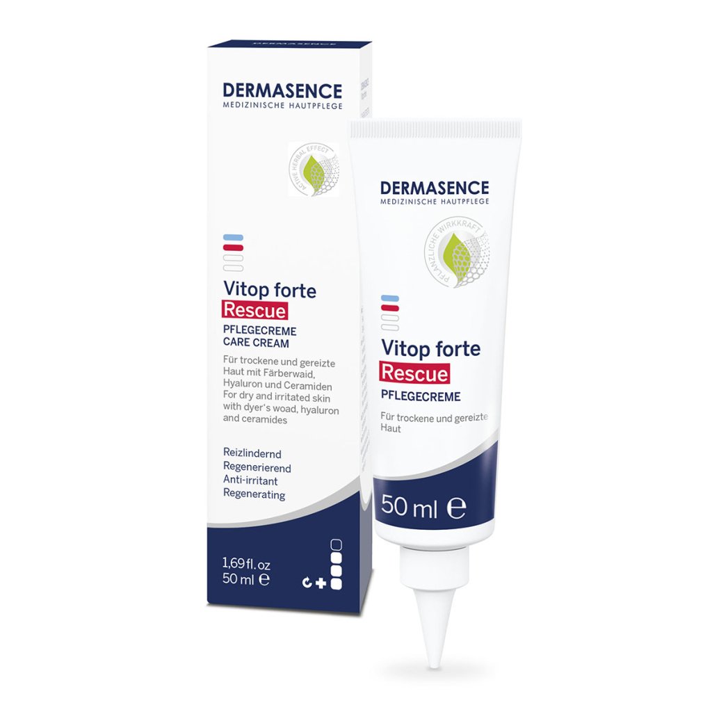 DERMASENCE Vitop forte Rescue Verzorgingscrème, een 50ml witte tube met blauwe en groene details, voor de zeer droge en geïrriteerde huid.