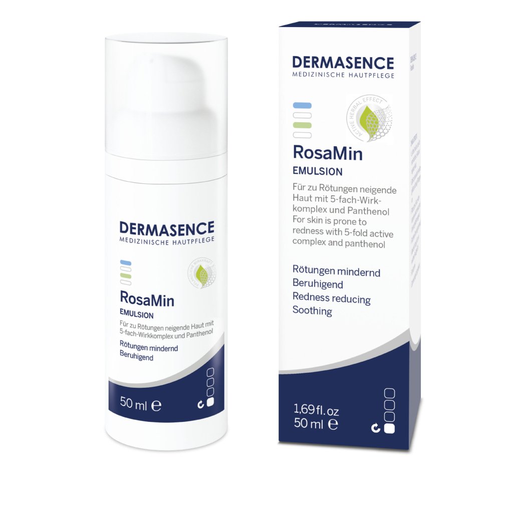 Dermasence RosaMin Emulsion 50ml, capillary-strengthening for sensitive skin, redness, and rosacea.