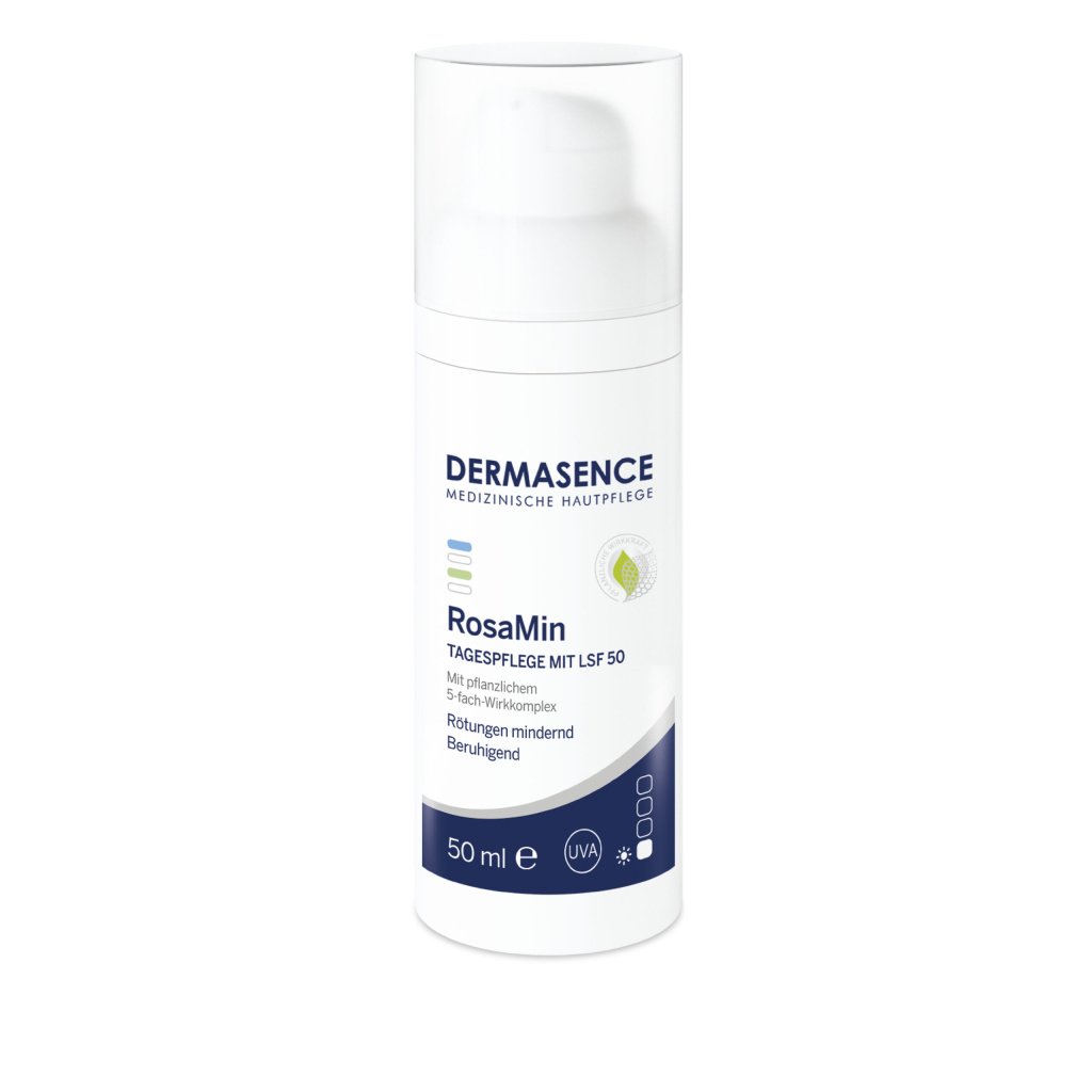 Dermasence RosaMin Tinted Day Cream SPF 50, 30ml tube for sensitive, redness-prone skin.
