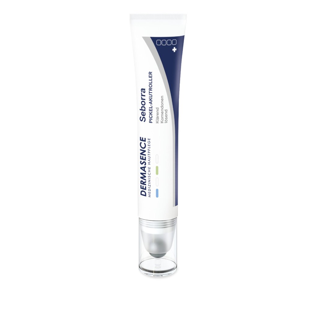 Dermasence Seborra Pimple relief roll-on, 10ml white tube with blue cap and metal rollerball applicator for targeted acne treatment.