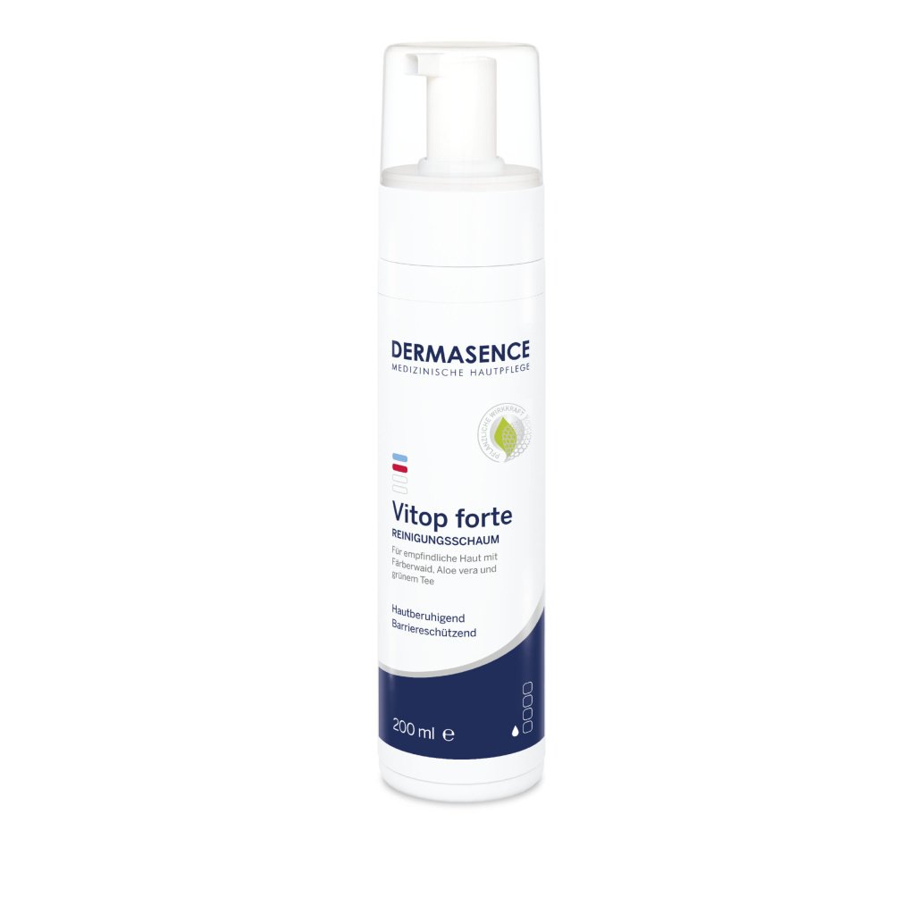 Dermasence Vitop forte cleansing foam, 200ml bottle, for sensitive skin, redness, eczema, and psoriasis.