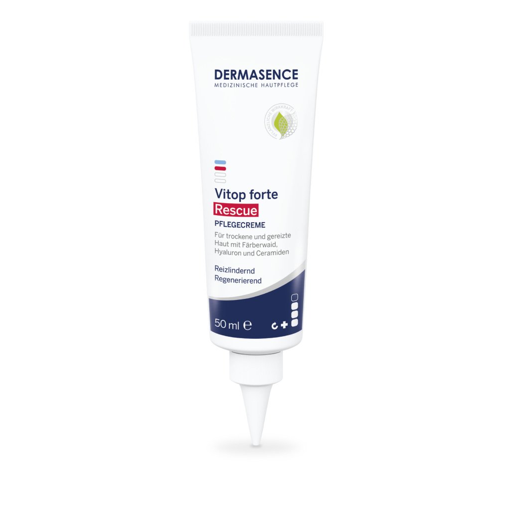 Dermasence Vitop forte Rescue Verzorgingscrème 50ml tube for very dry and irritated skin, offering intensive hydration and calming.